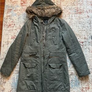 Women's Green Parka Coat with Faux Fur Hood